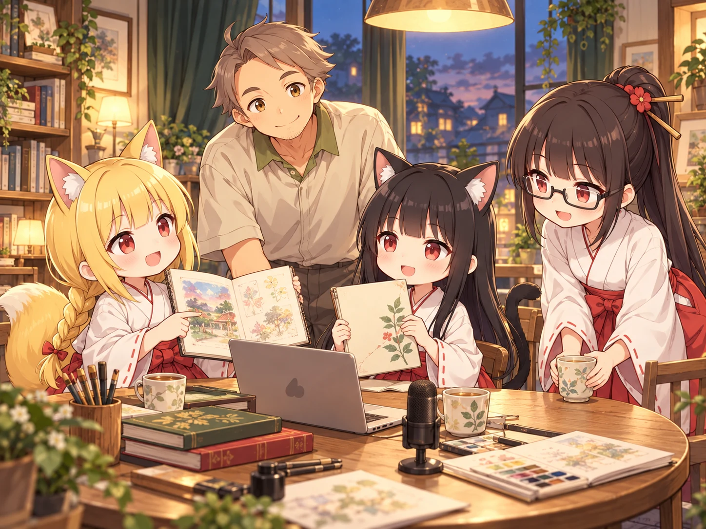 本棚のある夜のアトリエで、りゅ～先生と3人のキャラクターが作品作りを楽しむイメージ