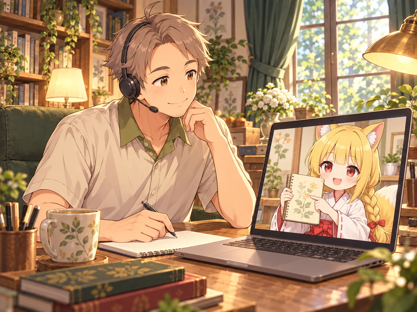 りゅ～先生が、画面越しのこすずの話を聞きながら面談するイメージ