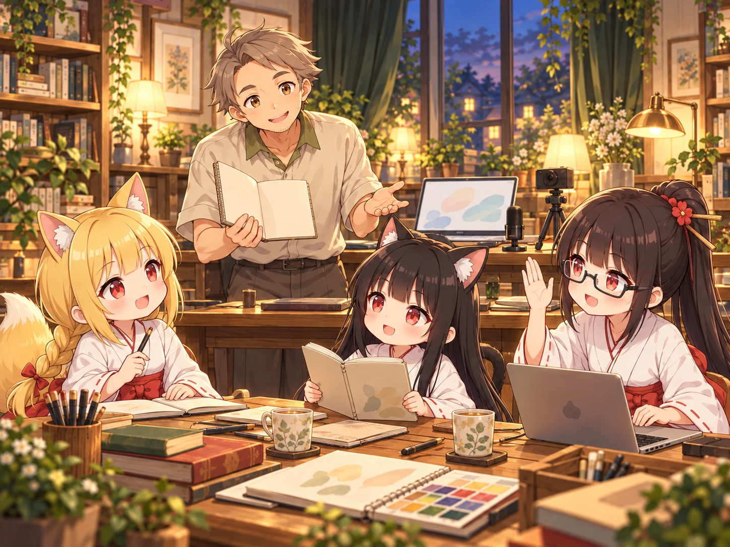 りゅ～先生の実演を見ながら学ぶキャラクターたちのイメージ